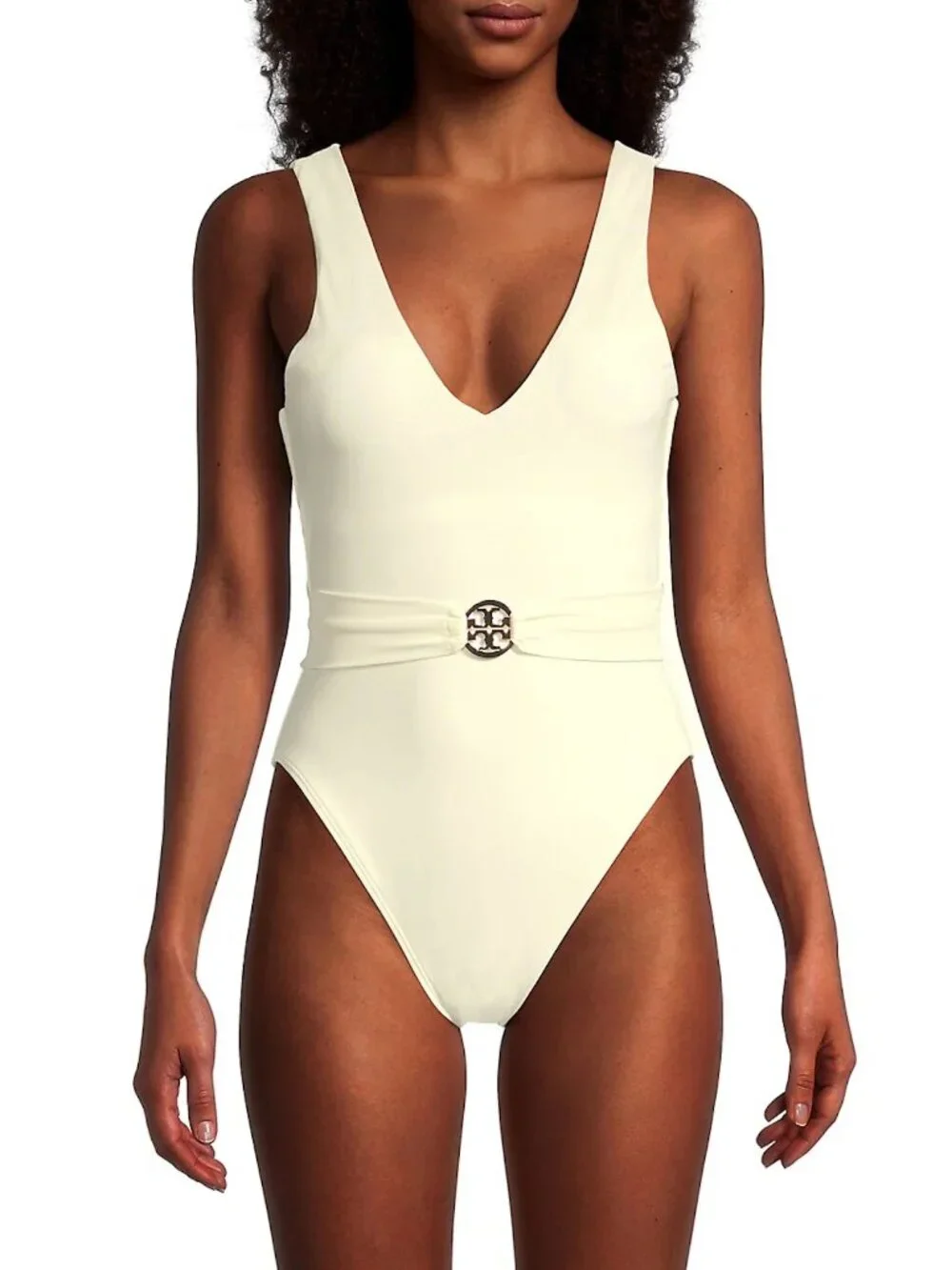 Tory Burch One Piece “Miller” Plunge White Logo Belted Swimsuit NWT - Size Large